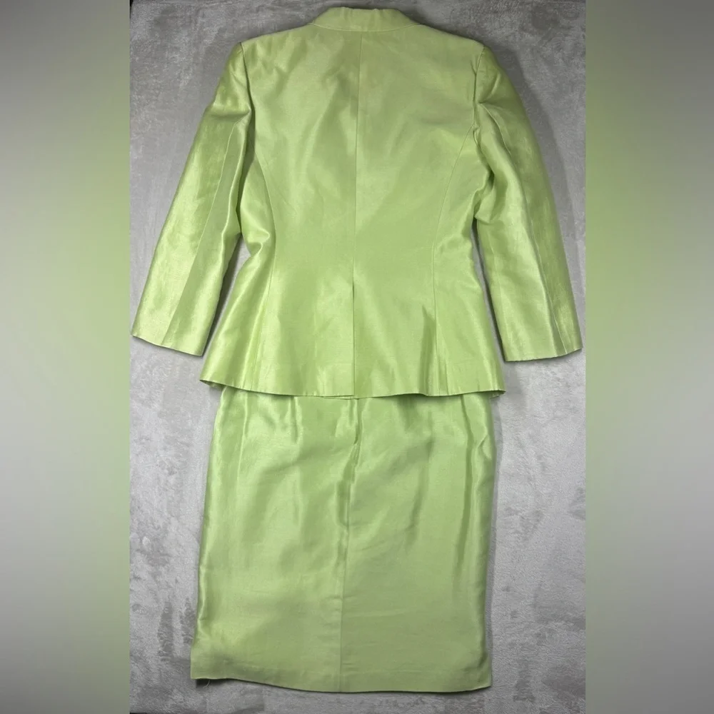 Rare Vintage Gemma Kahng New York Green Silk Cotton Blend Blazer Skirt Set 8